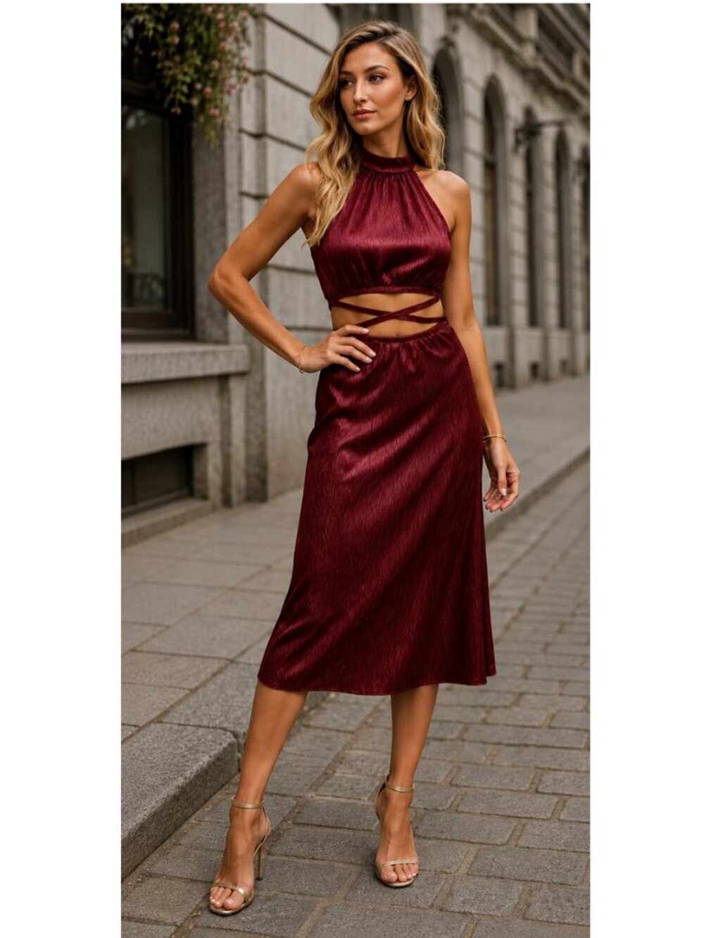 Lulus Red Satin Midi Dress Cutout Halter Large